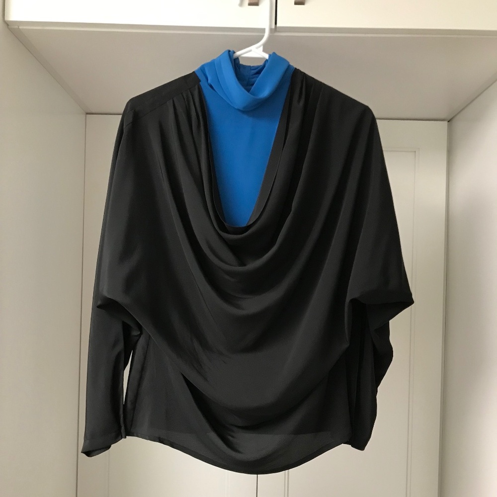 Vintage 80’s Silky Batwing Sleeve Blouse Top Layered Two Tone Black & Blue US S